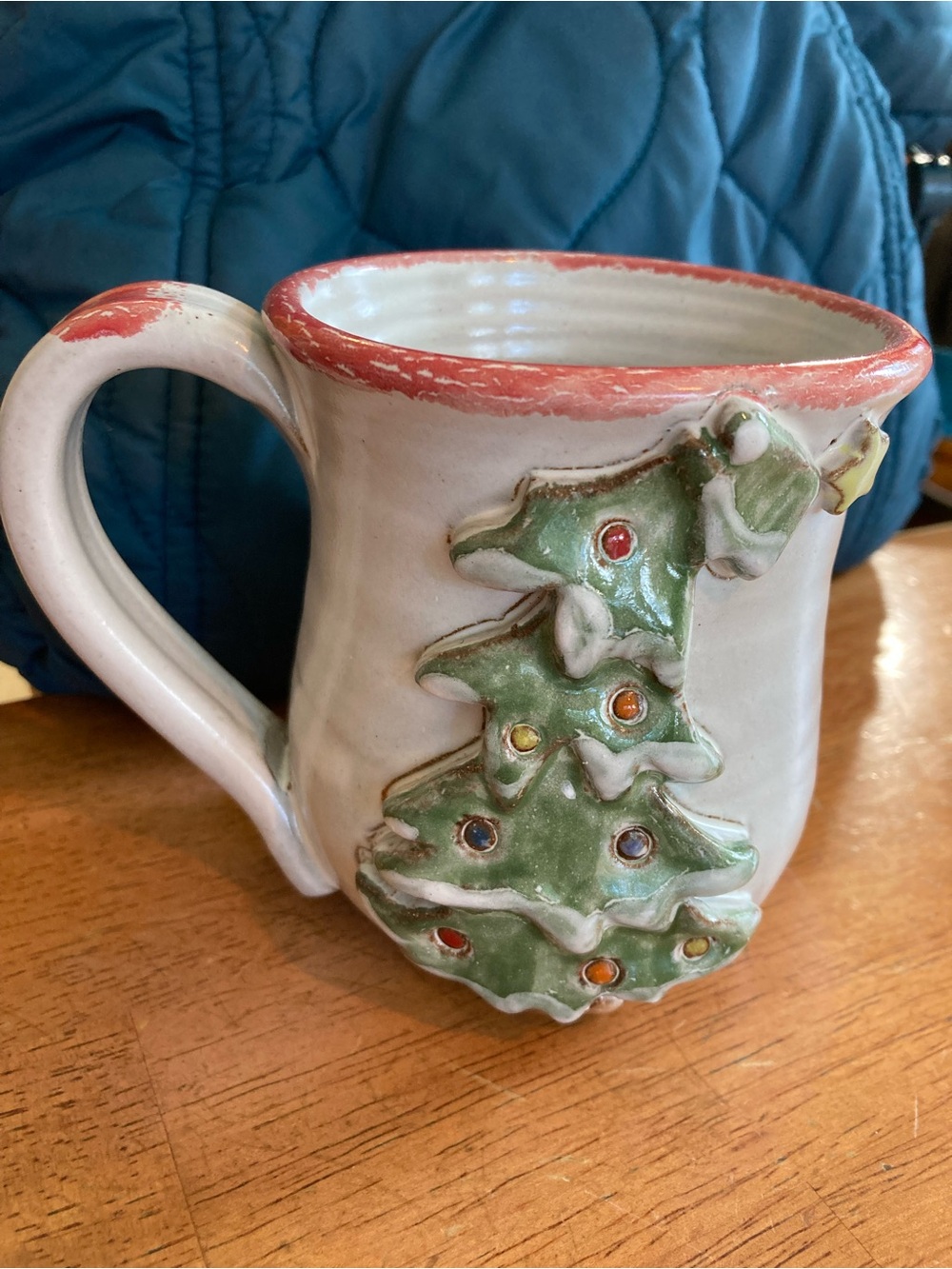 MudWorks USA Pottery Christmas Tree Mug Handmade Blue Glaze Holiday Cup